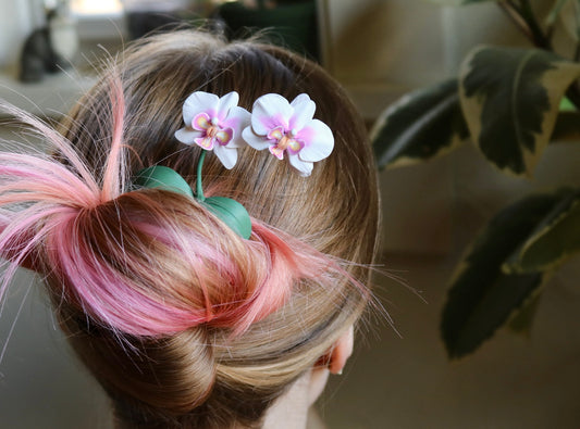 White and Pink Orchid - Raw Brass Hair Pin