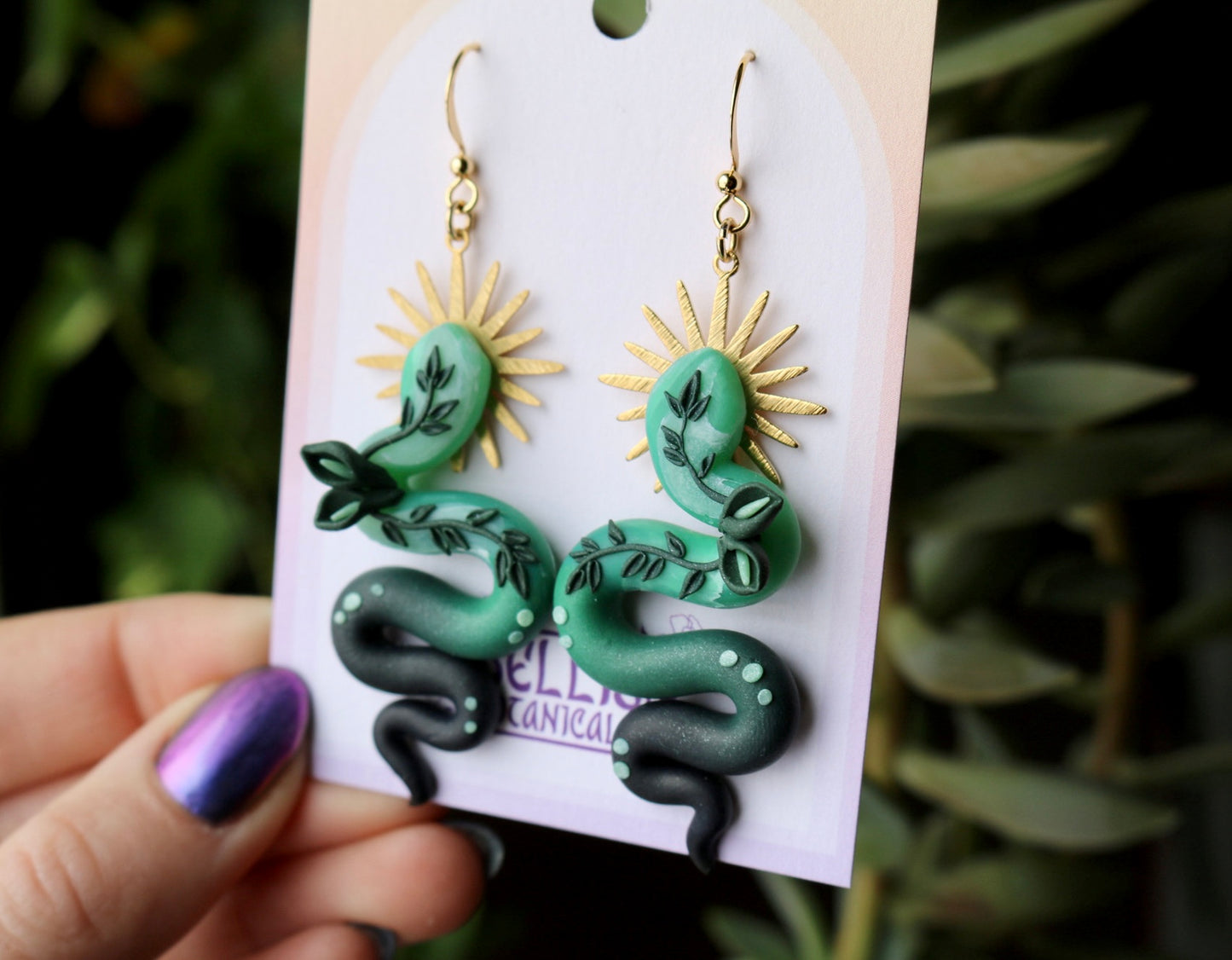 Green and Black Floral Snakes - Polymer Clay Dangle Earrings