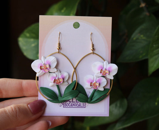 Miniature White and Pink Orchid Plant Earrings  - Polymer Clay Dangle Earrings