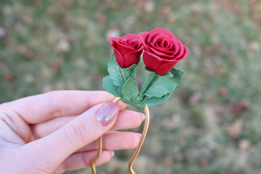 Two Red Roses - Raw Brass Hair Pin