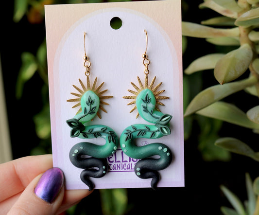 Green and Black Floral Snakes - Polymer Clay Dangle Earrings