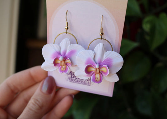 White and Pink Orchid Flower Earrings  - Polymer Clay Dangle Earrings