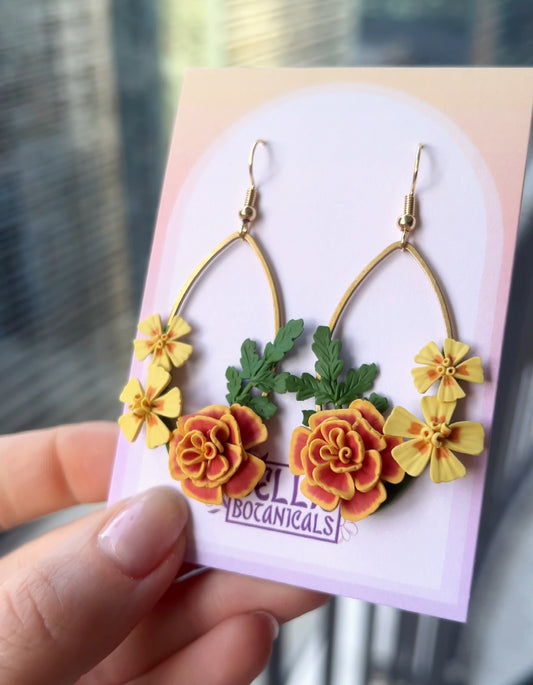 French and Yellow Gem Marigolds  - Polymer Clay Dangle Earrings