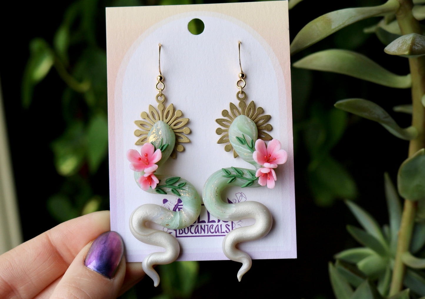 Cherry Blossom Floral Snakes - Polymer Clay Dangle Earrings