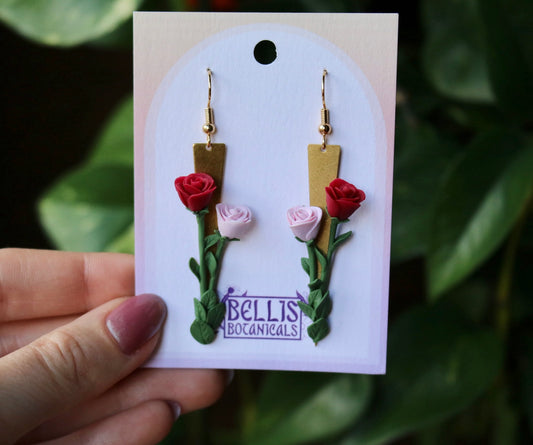 Red and Pink Rose Bouquet - Polymer Clay Dangle Earrings