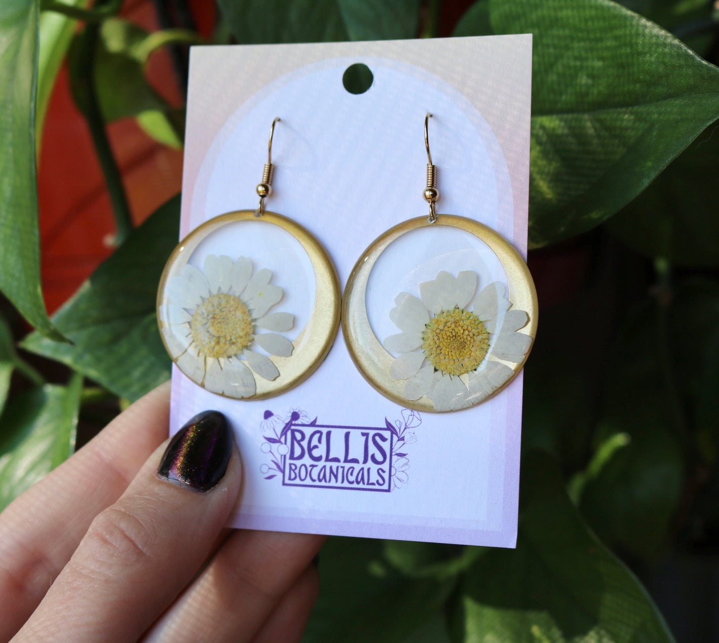 Daisies In Golden Circle Frame - Resin Dangle Earrings