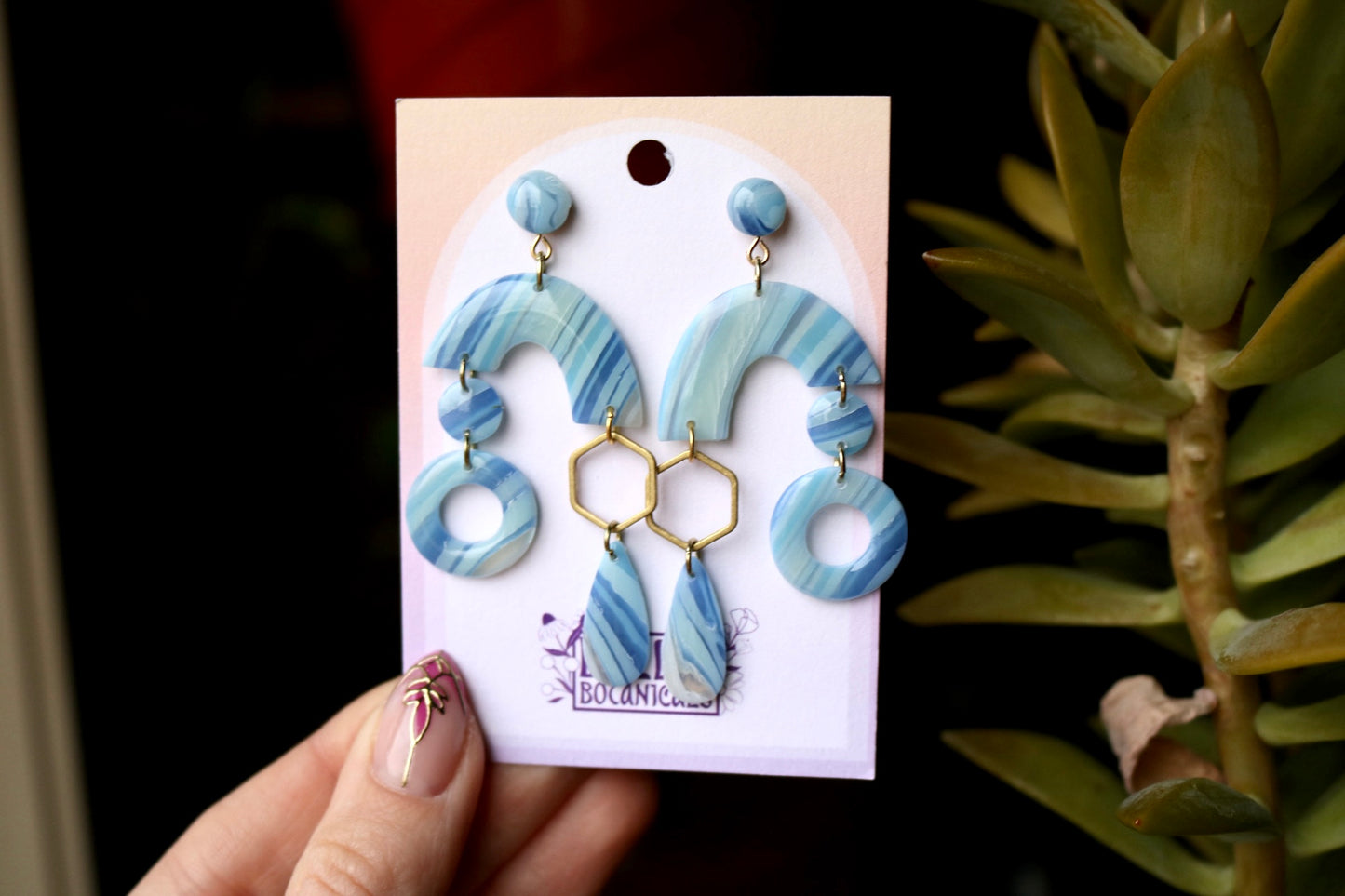 Blue Lace Geometric Shapes - Polymer Clay Dangle Earrings