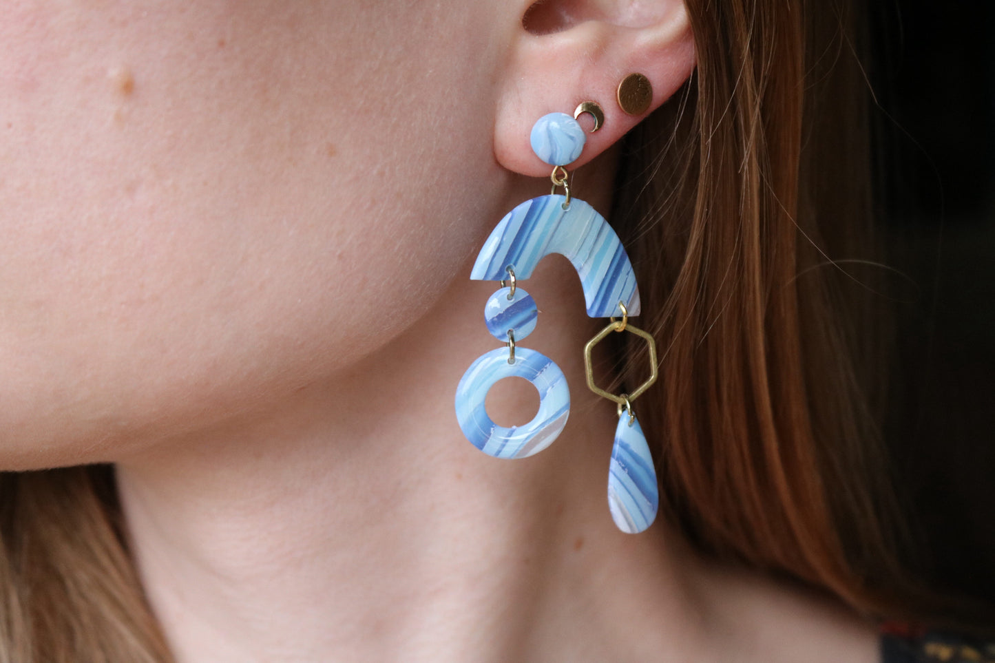 Blue Lace Geometric Shapes - Polymer Clay Dangle Earrings