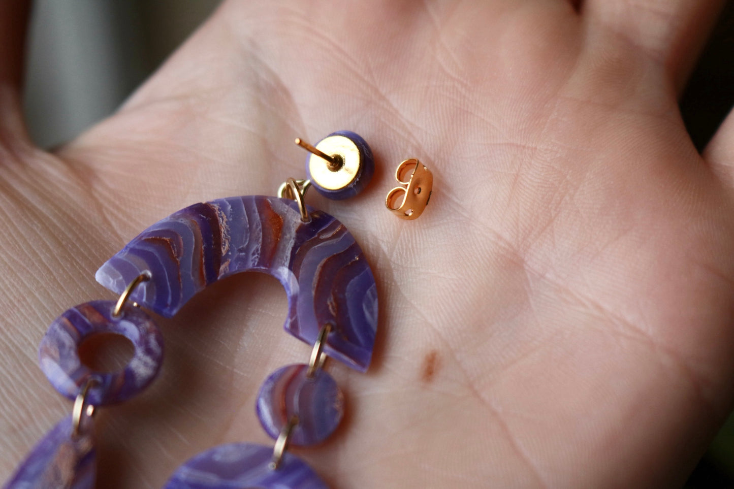 Purple & Copper Geometric Shapes - Polymer Clay Dangle Earrings