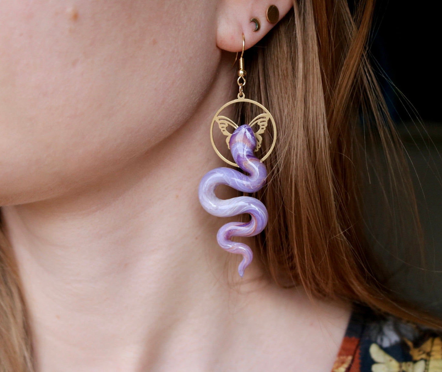 Purple & Copper Snakes - Polymer Clay Dangle Earrings