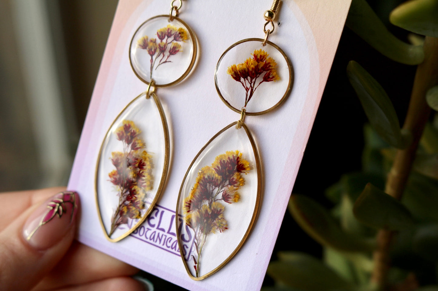 Red and Yellow Dyed Aster Solidago - Resin Dangle Earrings