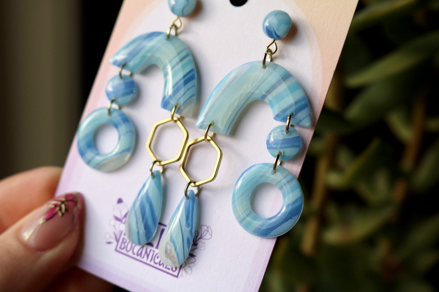 Blue Lace Geometric Shapes - Polymer Clay Dangle Earrings