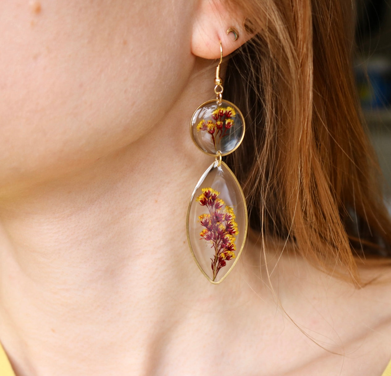 Red and Yellow Dyed Aster Solidago - Resin Dangle Earrings